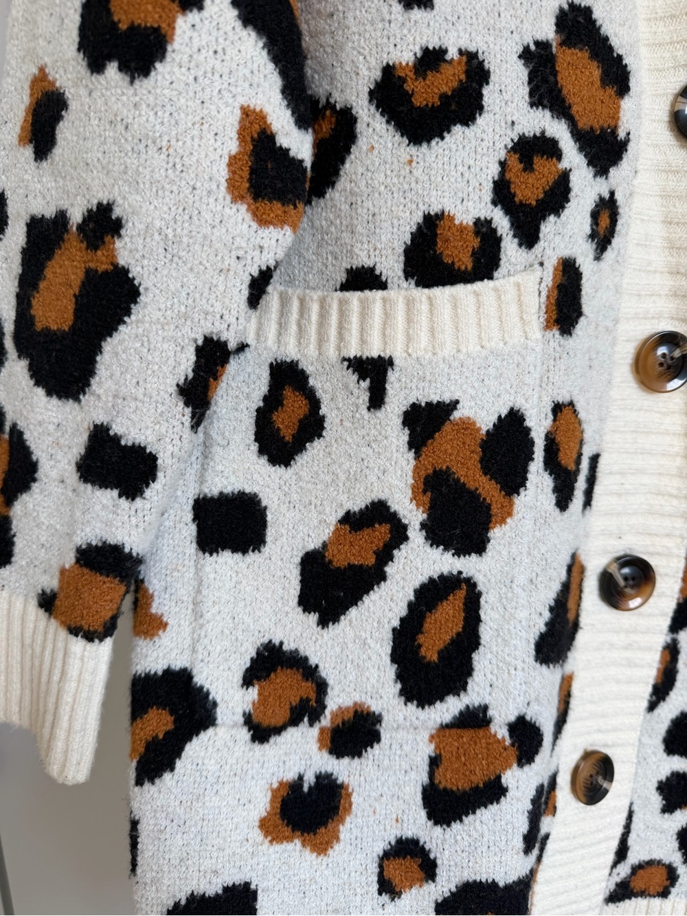 Leopard Print Button-Front Cardigan Sweater - Cream/Brown - Picture 3 of 4